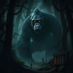 A gigantic, sinister orangutan with glowing red eyes, showcasing an ominous expression in a dense, shadowy forest