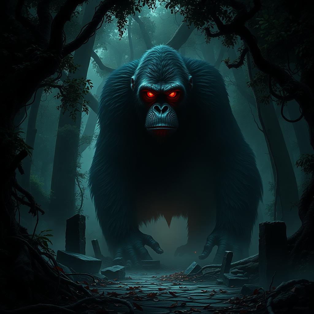 A gigantic, sinister orangutan with glowing red eyes, showcasing an ominous expression in a dense, shadowy forest