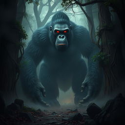 A gigantic, sinister orangutan with glowing red eyes, showcasing an ominous expression in a dense, shadowy forest