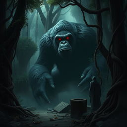 A gigantic, sinister orangutan with glowing red eyes, showcasing an ominous expression in a dense, shadowy forest