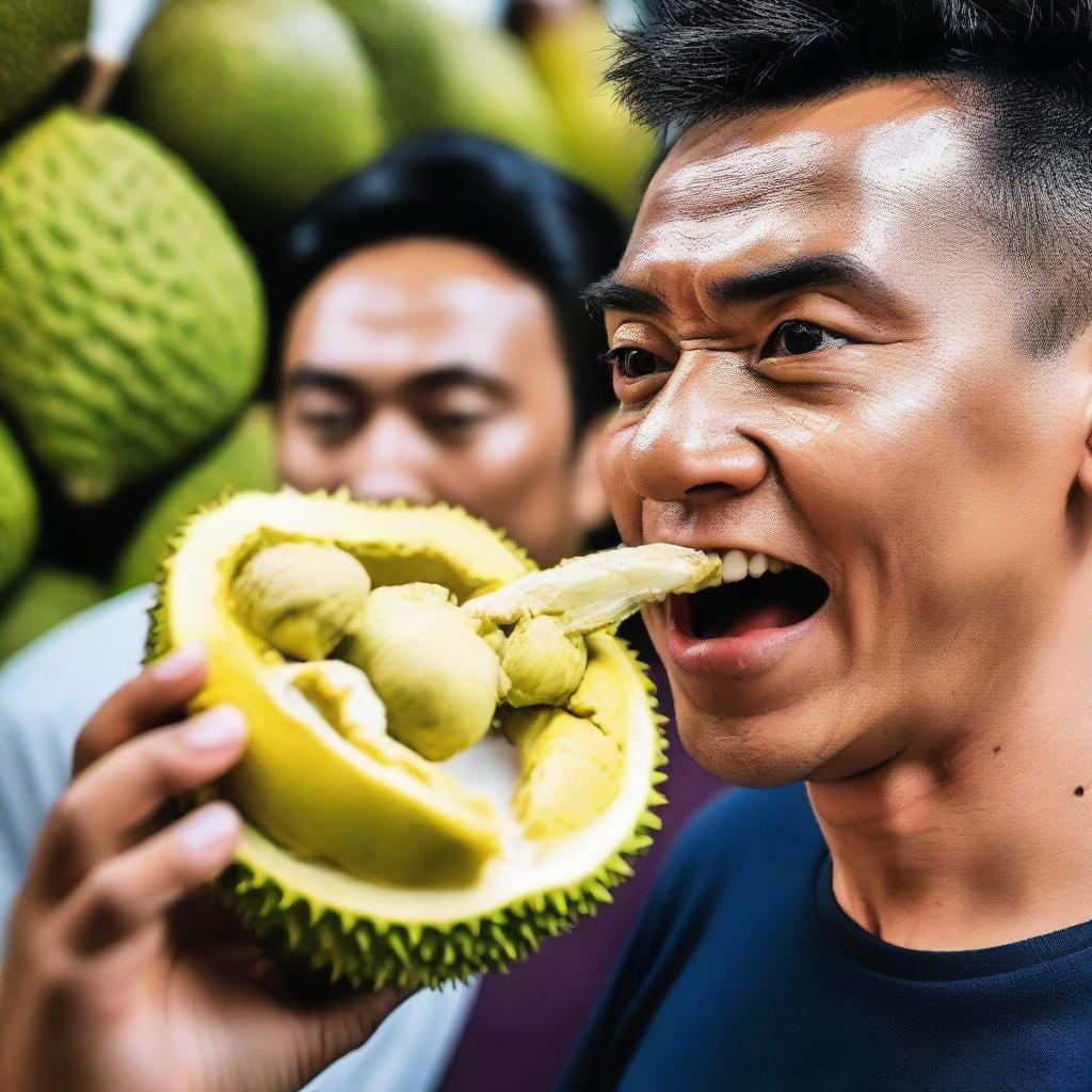 An individual consuming raw durian skin, the facial expression illustrating their reaction to the unusual taste.