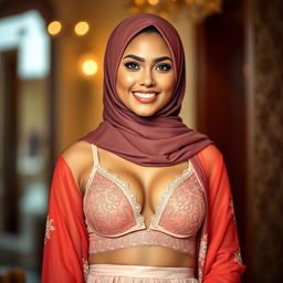 An elegant Muslim woman confidently wearing a stylishly designed sexy bra, showcasing a blend of traditional and modern fashion elements