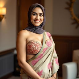 A mature Muslim woman exuding confidence and grace, wearing a beautifully detailed sexy bra paired with an elegant saree that drapes seamlessly around her