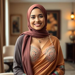 A mature Muslim woman exuding confidence and grace, wearing a beautifully detailed sexy bra paired with an elegant saree that drapes seamlessly around her