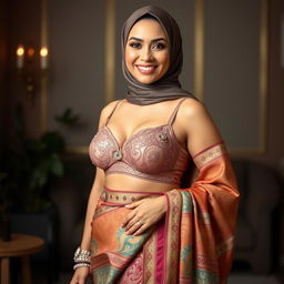 A mature Muslim woman exuding confidence and grace, wearing a beautifully detailed sexy bra paired with an elegant saree that drapes seamlessly around her