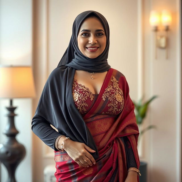 A mature Muslim woman exuding confidence and grace, wearing a beautifully detailed sexy bra paired with an elegant saree that drapes seamlessly around her