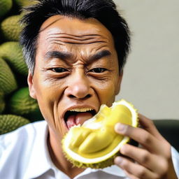 An individual consuming raw durian skin, the facial expression illustrating their reaction to the unusual taste.