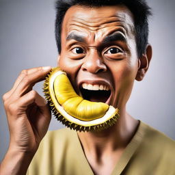 An individual consuming raw durian skin, the facial expression illustrating their reaction to the unusual taste.