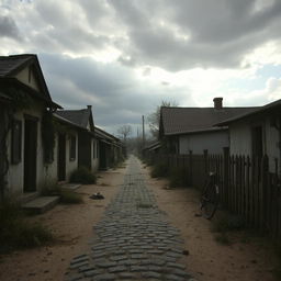 An eerie, empty village scene, capturing the haunting beauty of abandonment