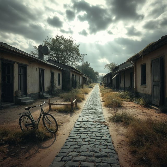 An eerie, empty village scene, capturing the haunting beauty of abandonment