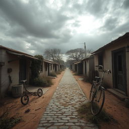 An eerie, empty village scene, capturing the haunting beauty of abandonment