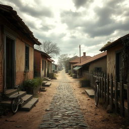 An eerie, empty village scene, capturing the haunting beauty of abandonment