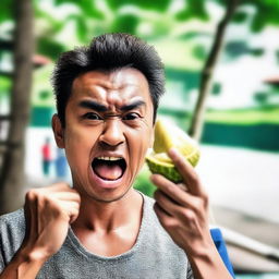 An individual consuming raw durian skin, the facial expression illustrating their reaction to the unusual taste.