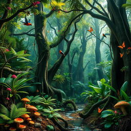 A dense and vibrant jungle filled with a variety of towering trees, their trunks thick and twisted, adorned with lush green vines and vibrant foliage