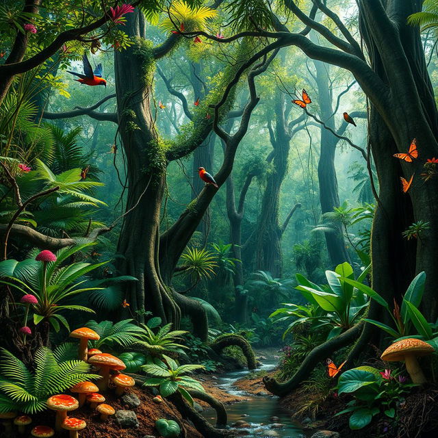A dense and vibrant jungle filled with a variety of towering trees, their trunks thick and twisted, adorned with lush green vines and vibrant foliage