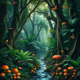 A dense and vibrant jungle filled with a variety of towering trees, their trunks thick and twisted, adorned with lush green vines and vibrant foliage
