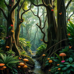 A dense and vibrant jungle filled with a variety of towering trees, their trunks thick and twisted, adorned with lush green vines and vibrant foliage