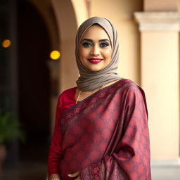 A full portrait of a mature Muslim woman radiating elegance and confidence, dressed in a sexy saree that beautifully accentuates her figure