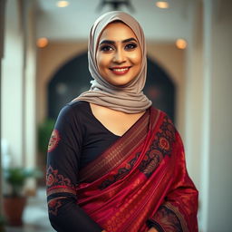 A full portrait of a mature Muslim woman radiating elegance and confidence, dressed in a sexy saree that beautifully accentuates her figure