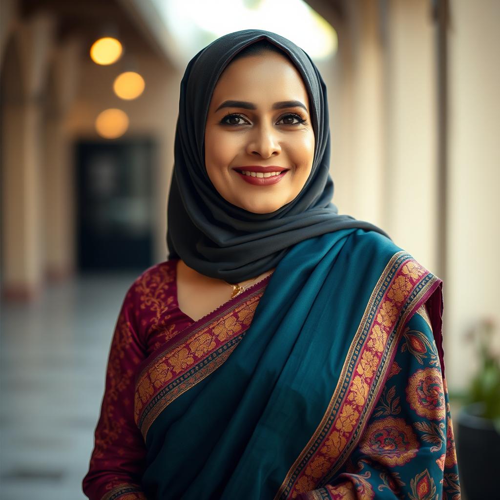 A full portrait of a mature Muslim woman radiating elegance and confidence, dressed in a sexy saree that beautifully accentuates her figure