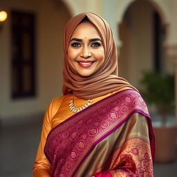 A full portrait of a mature Muslim woman radiating elegance and confidence, dressed in a sexy saree that beautifully accentuates her figure