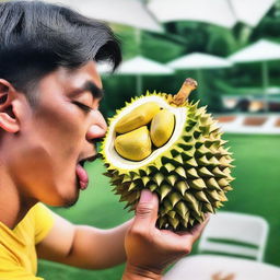 A person courageously trying to eat the spiky skin of a durian, showing a combination of curiosity and apprehension.