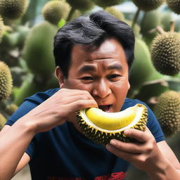 A person courageously trying to eat the spiky skin of a durian, showing a combination of curiosity and apprehension.