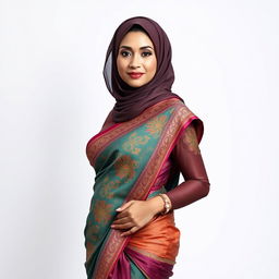 A full-body portrait of a mature Muslim woman showcasing her elegance and confidence, dressed in a tight, sexy saree that hugs her curves beautifully from top to bottom