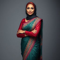 A full-body portrait of a mature Muslim woman showcasing her elegance and confidence, dressed in a tight, sexy saree that hugs her curves beautifully from top to bottom