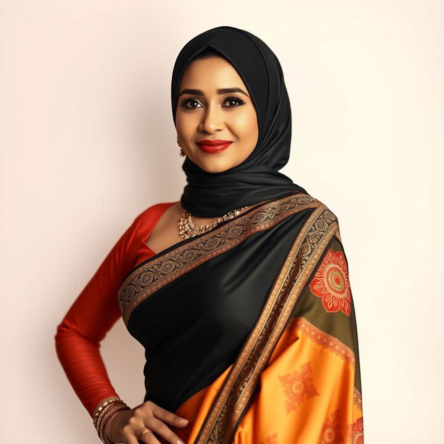 A full-body portrait of a mature Muslim woman showcasing her elegance and confidence, dressed in a tight, sexy saree that hugs her curves beautifully from top to bottom