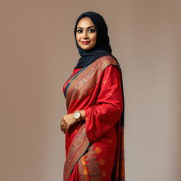A full-body portrait of a mature Muslim woman showcasing her elegance and confidence, dressed in a tight, sexy saree that hugs her curves beautifully from top to bottom