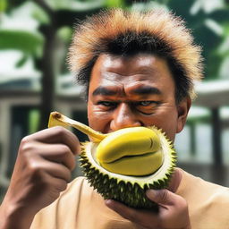 A person courageously trying to eat the spiky skin of a durian, showing a combination of curiosity and apprehension.