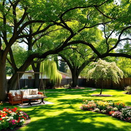 A beautiful backyard featuring a variety of lush trees providing shade and enhancing the serenity of the space