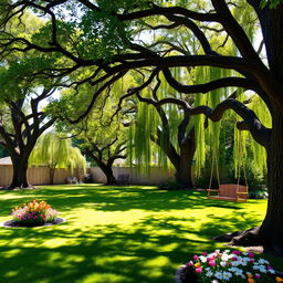 A beautiful backyard featuring a variety of lush trees providing shade and enhancing the serenity of the space