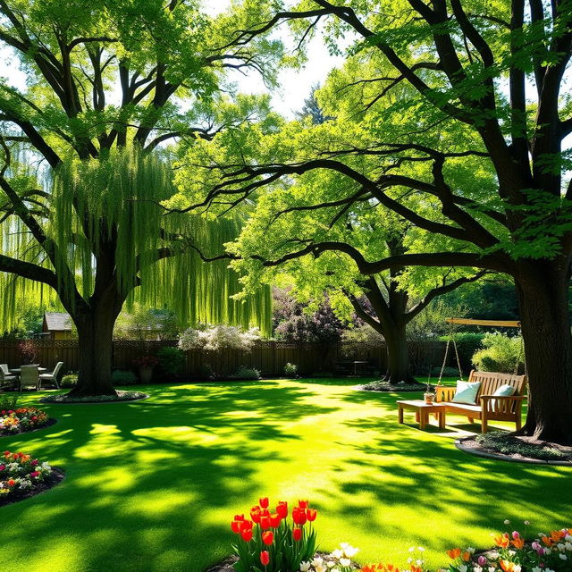 A beautiful backyard featuring a variety of lush trees providing shade and enhancing the serenity of the space