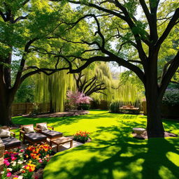 A beautiful backyard featuring a variety of lush trees providing shade and enhancing the serenity of the space