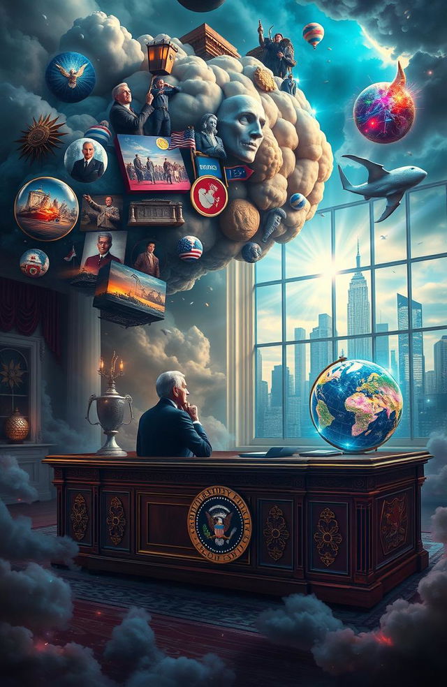 A surreal and thought-provoking representation of a visionary leader's mind, filled with vibrant ideas, policies, and emotions