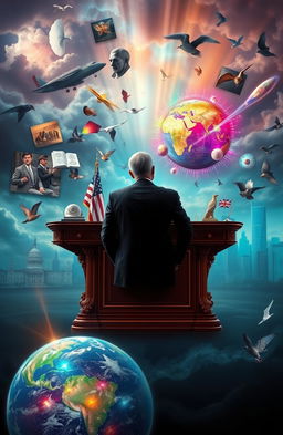 A surreal and thought-provoking representation of a visionary leader's mind, filled with vibrant ideas, policies, and emotions