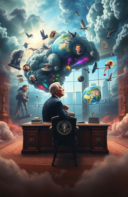 A surreal and thought-provoking representation of a visionary leader's mind, filled with vibrant ideas, policies, and emotions