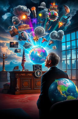 A surreal and thought-provoking representation of a visionary leader's mind, filled with vibrant ideas, policies, and emotions