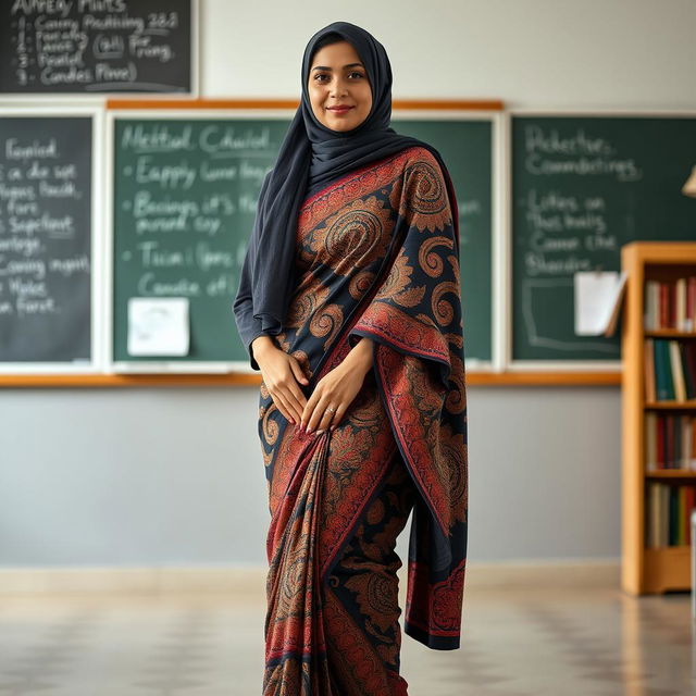 A full-body portrait of a mature Muslim woman confidently dressed in a tight, sexy saree that elegantly hugs her curves from top to bottom, showcasing intricate patterns and vibrant colors