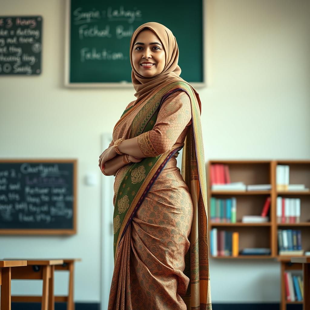 A full-body portrait of a mature Muslim woman confidently dressed in a tight, sexy saree that elegantly hugs her curves from top to bottom, showcasing intricate patterns and vibrant colors