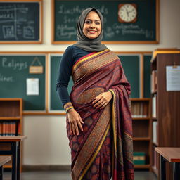 A full-body portrait of a mature Muslim woman confidently dressed in a tight, sexy saree that elegantly hugs her curves from top to bottom, showcasing intricate patterns and vibrant colors