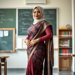 A full-body portrait of a mature Muslim woman confidently dressed in a tight, sexy saree that elegantly hugs her curves from top to bottom, showcasing intricate patterns and vibrant colors