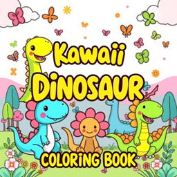 A fun and delightful cover for a 'Kawaii Dinosaur Coloring Book', featuring adorable and cartoonish dinosaurs in various playful poses