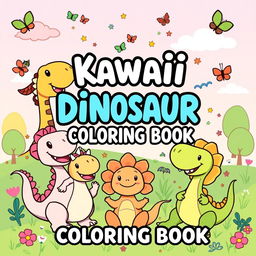 A fun and delightful cover for a 'Kawaii Dinosaur Coloring Book', featuring adorable and cartoonish dinosaurs in various playful poses