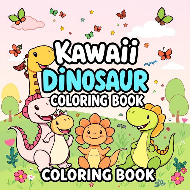 A fun and delightful cover for a 'Kawaii Dinosaur Coloring Book', featuring adorable and cartoonish dinosaurs in various playful poses