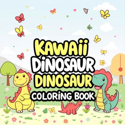 A fun and delightful cover for a 'Kawaii Dinosaur Coloring Book', featuring adorable and cartoonish dinosaurs in various playful poses