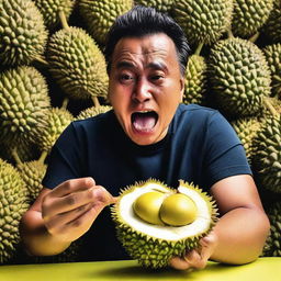 A person fearlessly consuming an entire durian, including its thorny shell, with an expression of determination and curiosity