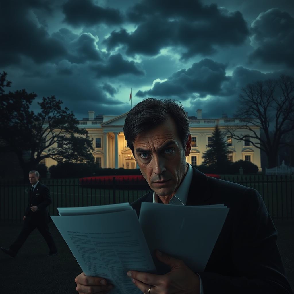 A tense psychological thriller unfolding at the White House, featuring a shadowy figure lurking in the background, the iconic building illuminated at night with ominous clouds overhead